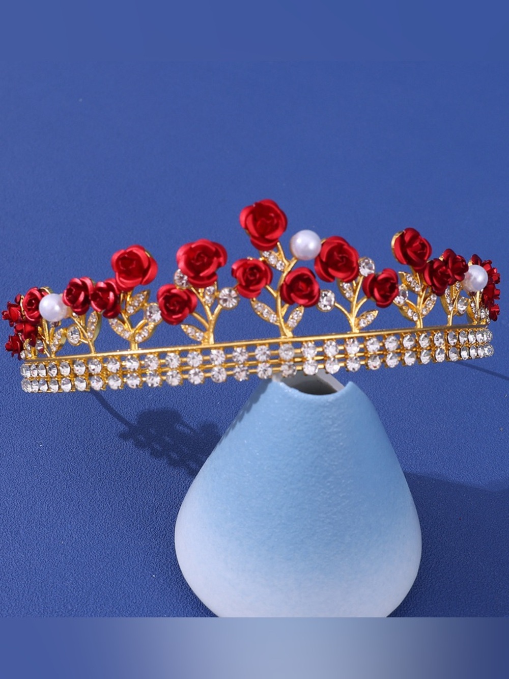 Elegant Red Rose Pearl Floral Tiara - Women Accessories